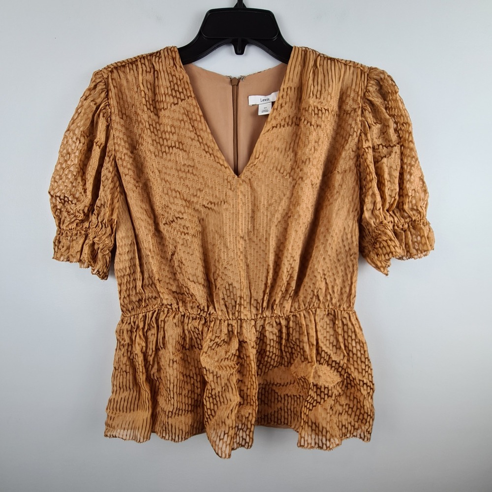 Lewit Ochre Beige Silk Blend Textured Puff Sleeve Peplum Blouse XS V-Neck FLAW